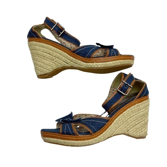 Denim jeans strappy wedges size 10.5 US Open back open toes bow tie - Picture 3 of 13
